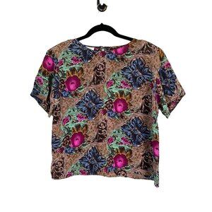 Silk Floral Top L Blue Cropped Boho Hippie 80s Cottagecore Retro Western Classic